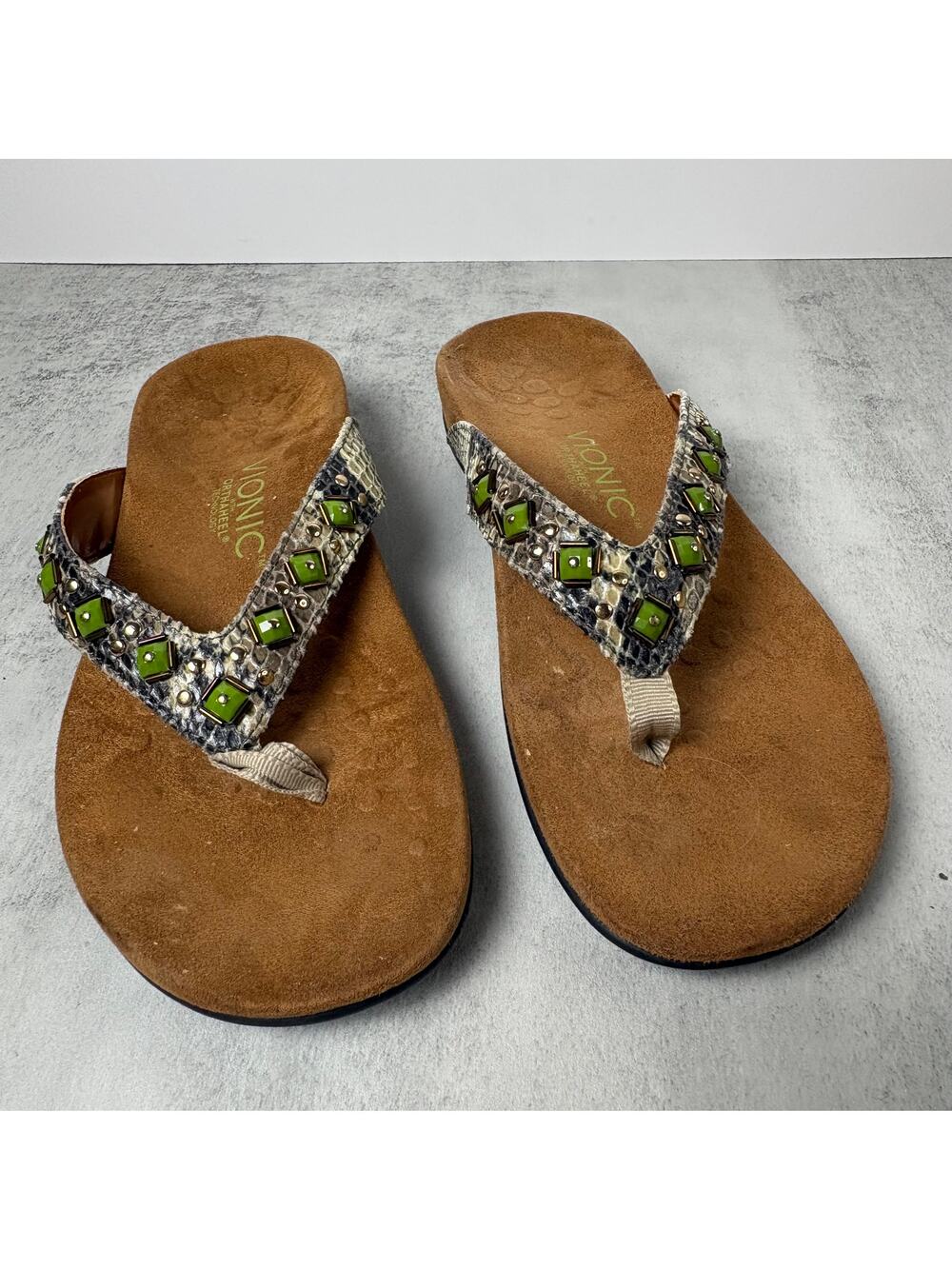 Vionic Floriana Orthotic Thong Sandals Women Size 7 Green Gem Jewel Snake Print
